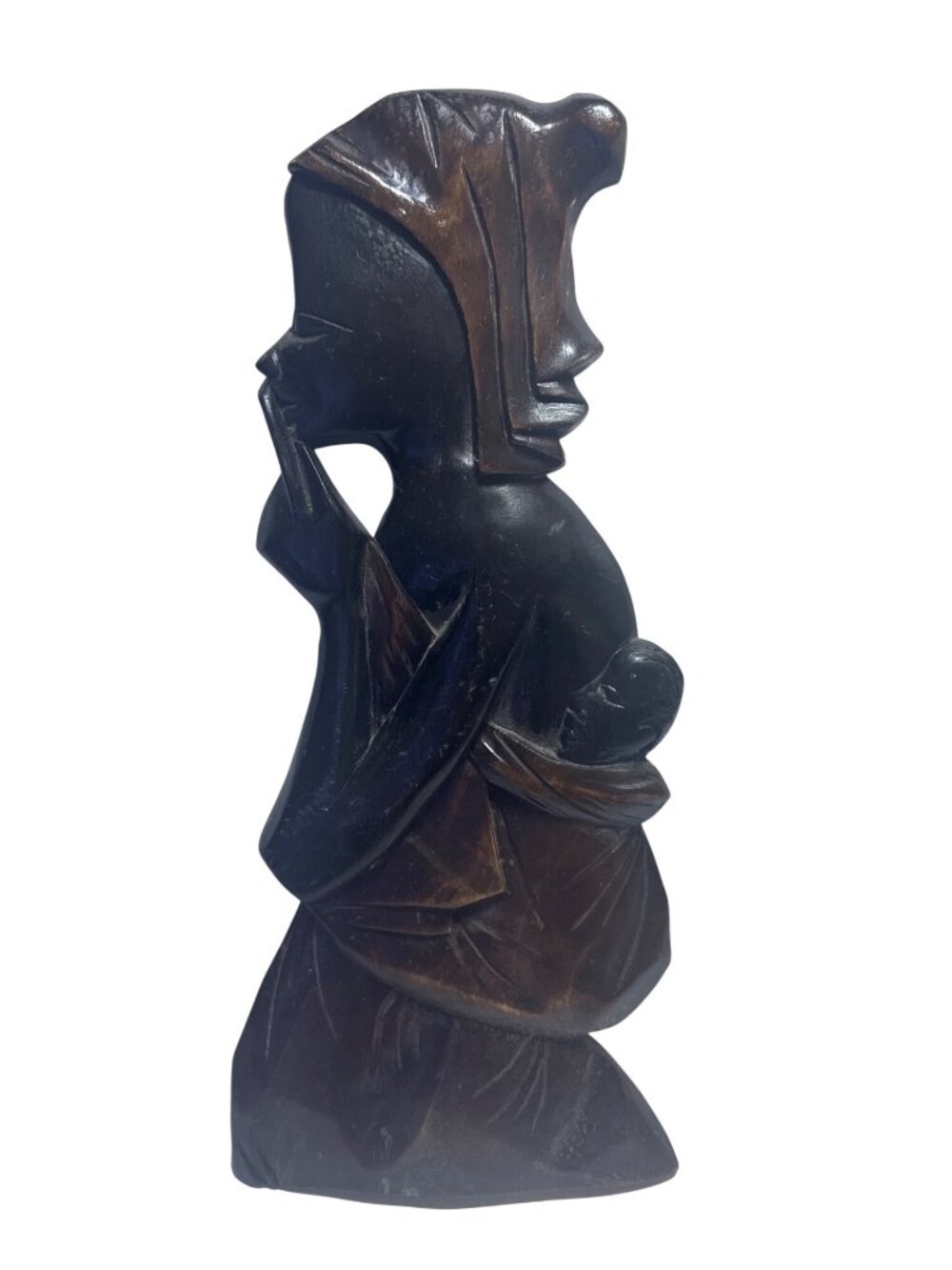 African Handcrafted Wood Mother & Child Sculpture Elegant Rustic Ghanaian Art